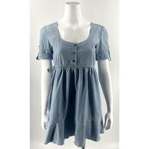 DKNY Tunic Mini Dress Size 2 Blue Chambray Roll Tab Sleeve Side Tie Pockets